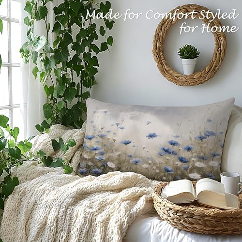 Vintage Blue White Floral Pillow Cover 12x20, Cottagecore Botanical Wildflower Field Landscape Decorative Lumbar Pillow Cover for Couch Bed Living Room Bedroom