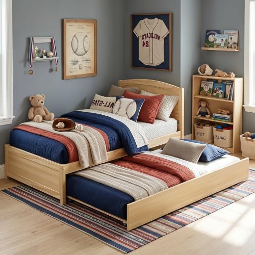 Daybed with Trundle, Twin Size Pull Out Bed, Solid Wood Extendable Day Bed with Trundle, Include Slat Support (Natural, Trundle)