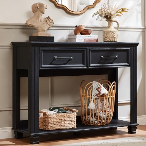SAVOR LIFE 46" Farmhouse Console Table with Drawers, Black Entryway Table