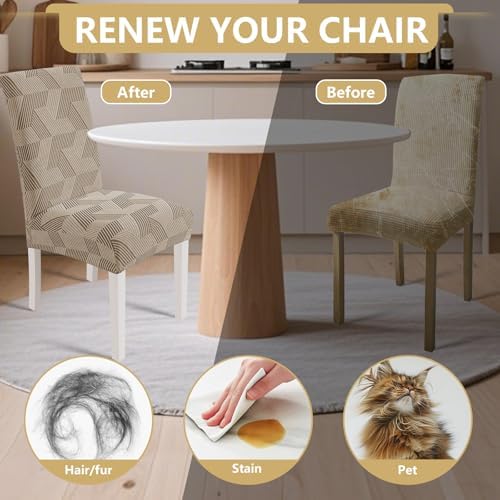 JIVINER Stretch Dining Chair Slipcovers Set of 2, Geometrical Jacquard Dining Chair Covers, Washable Kitchen Chair Covers for Dining Room, Hotel, Party, Khaki