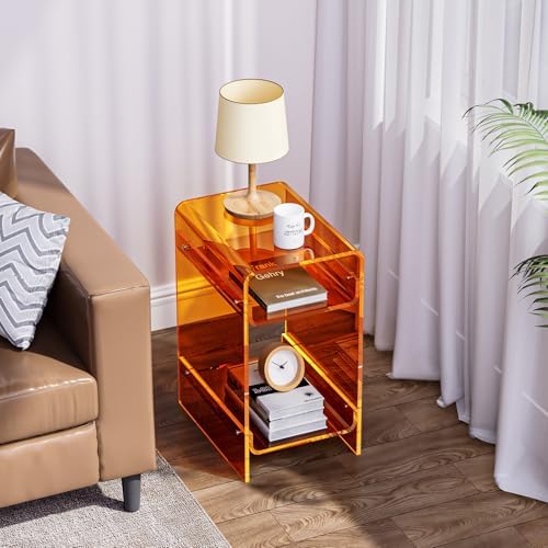 Clear Acrylic Side Table, Narrow Nightstand Bedside Table for Bedroom, Skinny Small End Table (Orange Wide, 11.8'' x 15.7'' x 21.7")