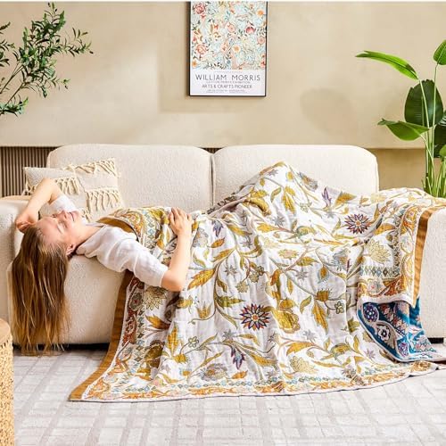 XIBLC Fall Throw Blanket for Couch, Brown Boho Decorative Throw Blanket, 100% Cotton Muslin Breathable Woven Farmhouse Blankets Quilt, 80"x90" Reversible Lightweight Blankets Bohemian Throw Quilt