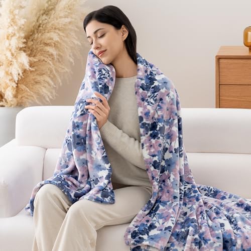 Luxury Printed Fleece Warm Throw Blanket, Soft Lightweight Velvety Plush Throw for Couch and Bed, Cozy Comfy for All Seasons(White Purple Flowers, 50×70 Inches)