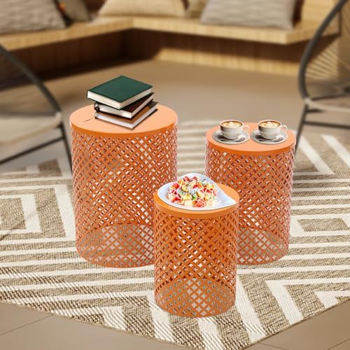 Metal Frame Accent Table,Cylindrical Outdoor Side Table,Decorative Garden Stool,Set of 3 Nesting Side Table,Modern Decorative Garden Stool for Patio Balconies Cafes Parks (3, Orange)