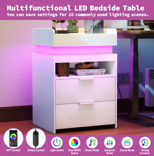 Baoz Modern Nightstands Set of 2 with Charging Station & LED Lights,White