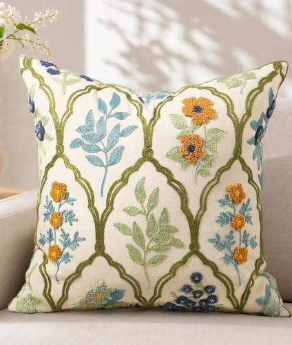 Embroidered Floral Throw Pillow Cover 20x20 Inch, Verdant Blooms