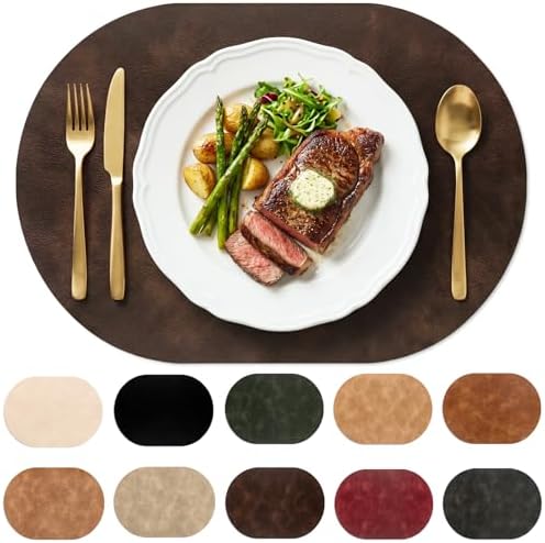 Oval Placemats Set of 8, Wipeable Faux Leather, Coffee