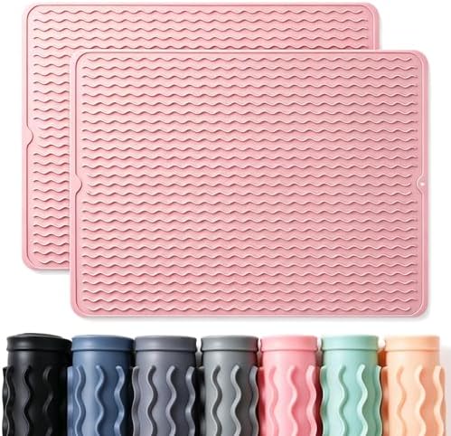 2 Pack Caketime Silicone Dish Drying Mat for Kitchen Counter Cooking Baking Liners Drawer Refrigerator Espresso Machine Station Utensil Holder Washer Trivets Oven Chef Gifts Extra Large 24"x18" Pink