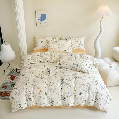 Cotton Duvet Cover King Botanical Bedding Set Yellow Floral Duvet Cover Set King Cottagecore Coquette Comforter Cover with Zipper,Garden Style Green Branches Bedding Duvet Cover Chic King 3 Piece