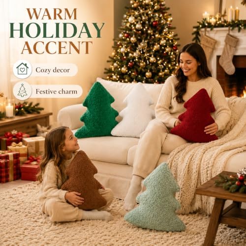 Cumule 5 Pcs Christmas Throw Pillows Cute Xmas Tree Shaped Plush Pillow for Christmas Winter Holiday Party Outdoor Bedroom Cushion Decoration