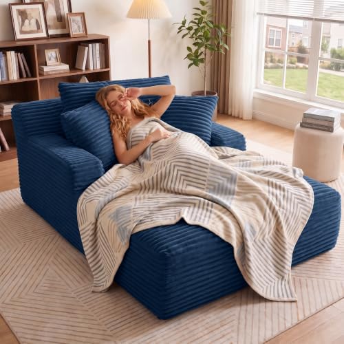 66" Chaise Lounge Chair Indoor, Corduroy Upholstered Reading Chair Oversized Boneless Chair with Deep Seat, Cloud Lounge Chair with 3 Pillows for Living Room, Bedroom, No Assembly Required