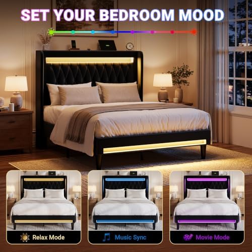 Allewie Full Size Upholstered Bed Frame with LED & Charging Station, Black