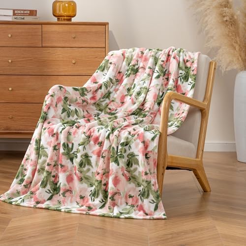 Luxury Printed Fleece Warm Throw Blanket, Soft Lightweight Velvety Plush Throw for Couch and Bed, Cozy Comfy for All Seasons(Ivory Pink Flowers, 50×70 Inches)
