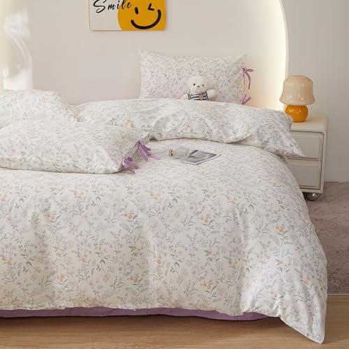 HighBuy Farmhouse Floral Duvet Cover Set Twin Pink Yellow Bedding Set with Zipper Closure,100% Cotton Cooling Comforter Cover with 2 Bowknot Bow Tie Pillowcases for Hot Sleepers
