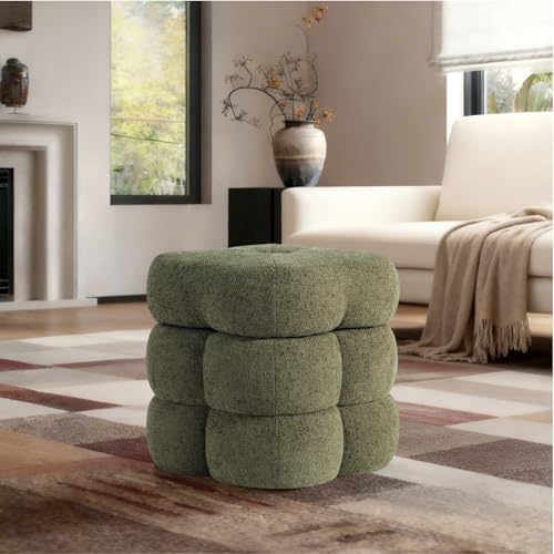 Get Set Style 360° Swivel Flower Ottoman, Linen Vanity Stool Footrest with 300LBS Capacity, No Assembly Small Space Accent Chair for Living Room Bedroom Entryway (Olive Green)
