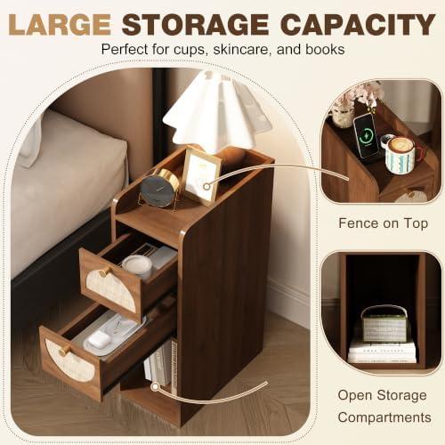 Narrow Nightstand Set of 2 (Rattan & Wood) - Small Bedside Table with 2 Drawers, Open Shelf, Mid Century Modern End Table - for Bedroom, Living Room & Small Spaces, Walnut