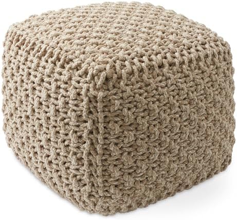 Casafield Square Pouf Ottoman, Beige Ivory - 18.5" W x 18.5" D x 14.5" H Cotton Knit Foot Stool - Boho Floor Pouffe for Living Room, Bedroom, Office