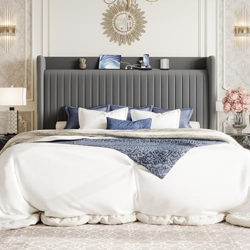 SHA CERLIN King Size Velvet Bed Frame with Shelf, Charging Station, Grey