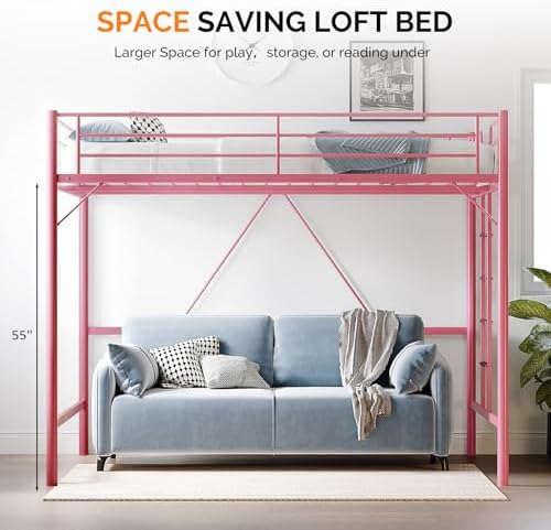 VINGLI Queen Loft Bed with Flat Rungs for Adults, Kids and Young Teens, No Box Spring Required,Heavy Duty Metal Slat Support, Pink