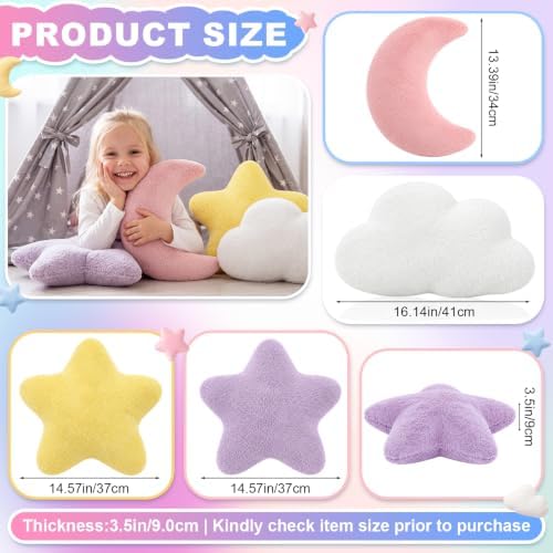 4 Pcs Plush Cloud Star Moon Throw Pillow Set, Pink, White, Yellow, Purple