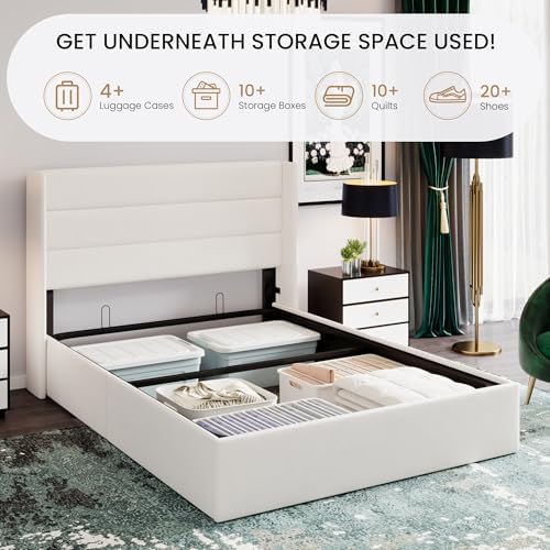 SHA CERLIN Queen Size Lift Up Hydraulic Storage Bed Frame White