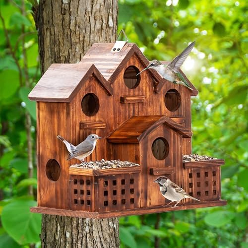 MIXUMON Bird House Outdoor with Feeder, 6-Room Wooden Birdhouse for Outdoors & Outside, Carbonized Pine Wood Bird Houses with 1.57” Entrance & Easy Clean-Out Doors (Natural Wood Door)