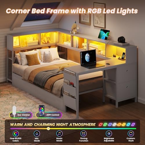 DICTAC Twin Corner Bed Frame with Desk and Storage Bookcase, Twin Size Platform Bed Frame with 4 Storage Drawers,Charging Station and LED Lights,Modern Daybed for Kids and Teen with Drawers,Grey