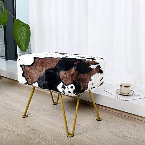 Cow Rectangle Faux Fur Ottoman 19"x13"x17" Soft Fuzzy Entryway Bench Seat Sturdy Accent Coffee Table for Living Room Make Up Vanity Shoe Stool with Golden Legs for Bedroom Closet Foot Rest