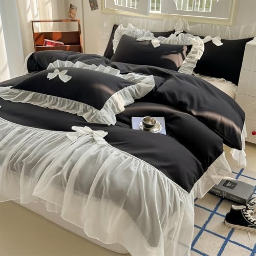SOUKECHY Girls Lace Bedding,Queen Comforter Cover Set, Chic Ruffled Duvet Cover with Lovely Bow,Princess Style 1 Duvet Cover with 1 Pillowcases, No Comforter-Black,Twin Size