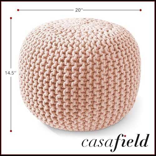 Casafield Round Pouf Ottoman, Light Pink - 20" Diameter x 14.5" High Cotton Knit Foot Stool - Boho Floor Pouffe for Living Room, Bedroom, Home Office