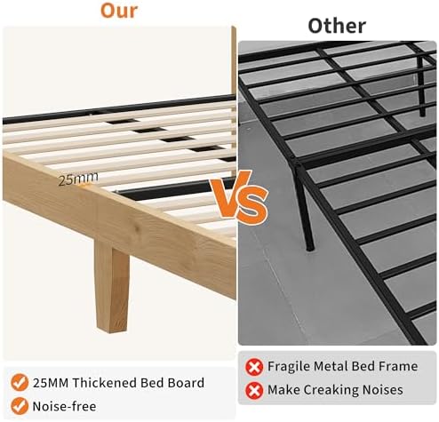 Jojoka Rattan Bed Frame with Natural Headboard & LED Lights - Sturdy Wood Slats, Silent Plain Legs, Ample Underbed Storage - No Box Spring Needed, Bedroom Furniture, Twin Size