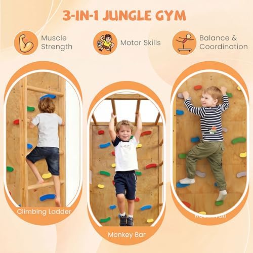 GIANTEX Twin Bunk Bed with Jungle Gym, 4-in-1 Wooden Loft Bed with Climbing Ladder, Rock Wall & Monkey Bar, Montessori Playhouse Bed with Full Length Guardrail & Wood Slat Support for Kids (Natural)