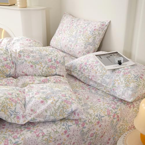 HighBuy Pink Floral Duvet Cover King,Durable 100% Cotton Comforter Cover Sets,Breathable Cottagecore Botanical Flowers Pattern Bedding Set for Women Girls,1 King Duvet Cover and 2 Pillowcases