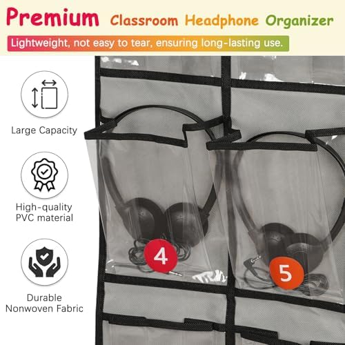 2 Pack Classroom Headphone Storage Organizer with 30 Pockets & 62 Labels