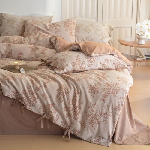 Monet Flower Duvet Cover King 3 Pieces Retro Jacquard Floral Bedding Set,Linen Cotton Yarn-Dyed Textured Comforter Cover with Bowknot-104 x90,Pumpkin