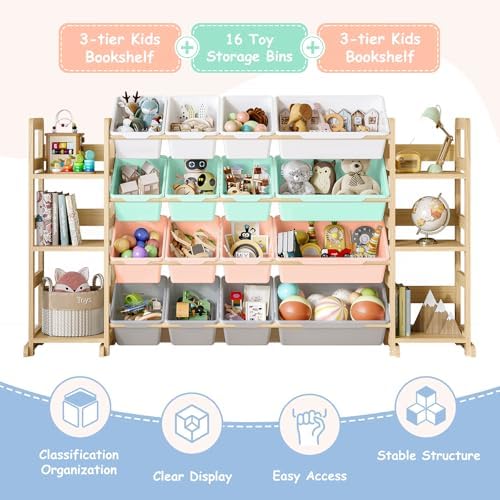 EXPERLAM Extra Large Toy Storage - Toy Storage Organizer, Wooden Toy Organizer with 6 Side Shelves and 16 Bins, 3-in-1 Bookshelf for Kids Rooms, Playroom, Nursery, Multi