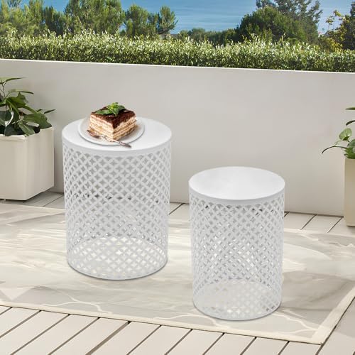 Metal Frame Accent Table,Cylindrical Outdoor Side Table,Decorative Garden Stool,Set of 2 Nesting Side Table,Modern Decorative Garden Stool for Patio Balconies Cafes Parks (2, White)