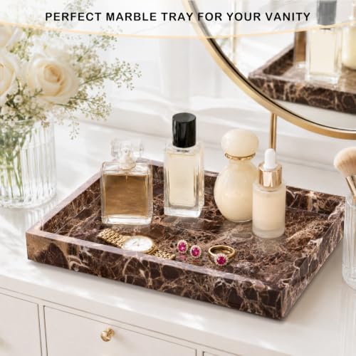 Marble Bathroom Tray for Countertop & Home Decor, Natural Decorative Marble Tray for Jewelry & Perfume Organizer, Luxury Stone Vanity Trays for Dresser, Kitchen Counter, 12" x 8", Brown