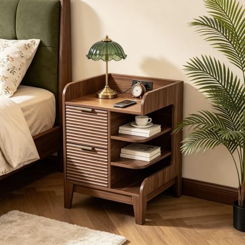 Nightstand with Charging Station, Fluted Night Stand Set of 2