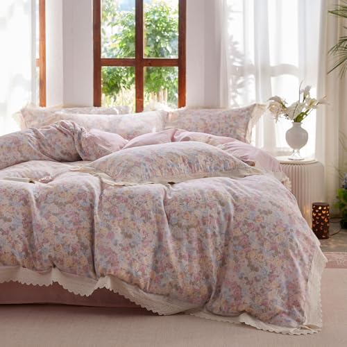 HighBuy Pink Floral Muslin Duvet Cover Twin XL,Ruffle Lace Floral Bedding Set for Girl College,Soft Gauze Cotton Comforter Cover with Zipper for Hot Sleepers,Breathable & Fade-Resistant