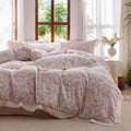 HighBuy Muslin Cotton Duvet Cover Set Twin Pink Rose Floral Print,Ruffle Comforter Cover Chic Cottagecore Gauze Cotton Breathable for Teen Girls,3 Piece Farmhouse Bedding Set