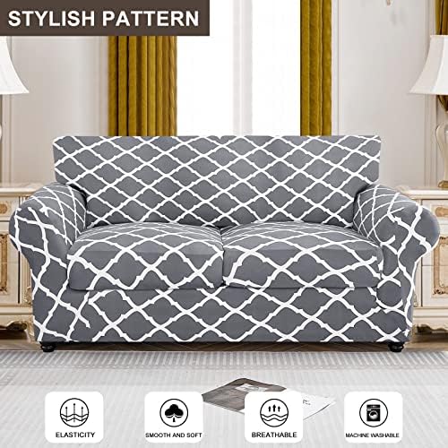 SearchI Stretch Sofa Cover Printed Couch Cover, Floral Pattern 3 Pieces Loveseat Slipcover with 2 Separate Cushion Cover, Washable Furniture Protector for Living Room(Loveseat, Gray+White)