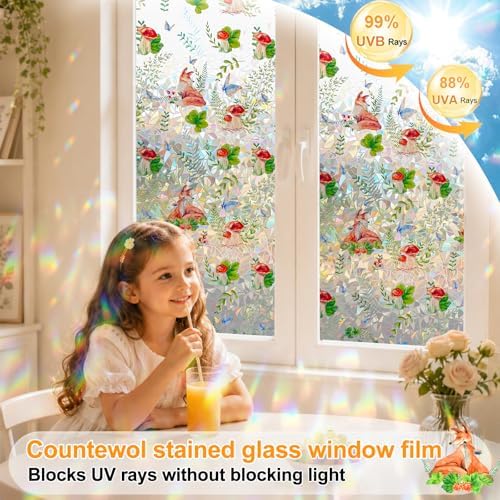 Countewol Privacy Window Films Stain Glass Cling No Glue Anti-UV Window Sticker for Bathroom Bedroom Living Room(Forest Rainbow 70.86" L*30.7" W)