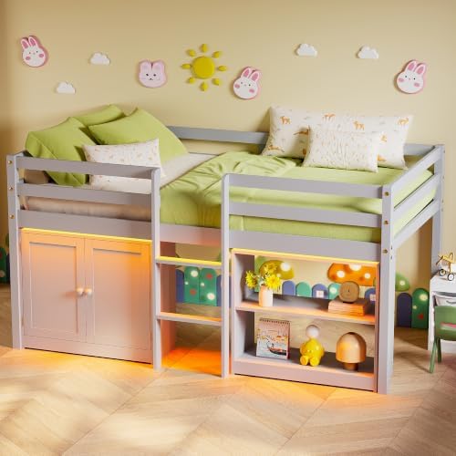 Low Loft Bed Twin Size with Storage Cabinet for Kids, Grey