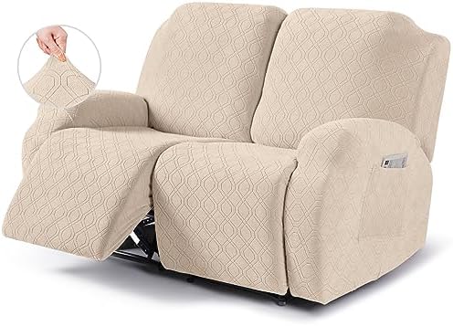 VANSOFY Recliner Cover, 2-Pieces Stretch Reclining Couch Cover with Pockets Loveseat Sofa Slipcovers Soft Washable Furniture Protector for Dogs Cats(Cream)