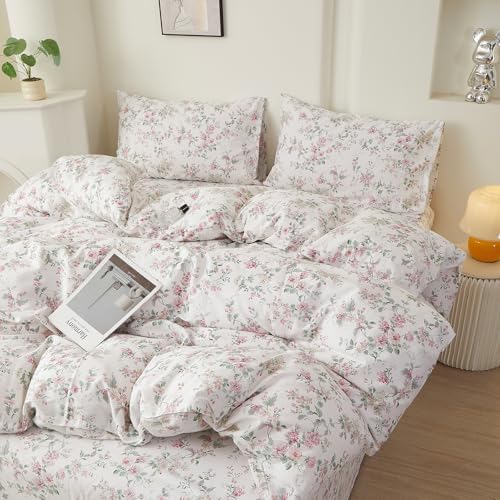 HighBuy Chic Floral Duvet Cover Full Size,3 Pieces Extra Soft Cotton Bedding Set for Kids & Adults,Vintage Pink Floral Farmhouse Comforter Cover Sets 1 Duvet Cover and 2 Pillowcases