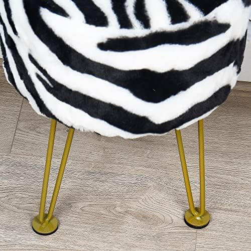 Zebra-Print Round Faux Fur Ottoman Soft Fuzzy Entryway Bench Seat, 13"x13"x17" Sturdy Accent Coffee Table for Living Room Makeup Vanity Stool with Golden Legs for Bedroom Closet Foot Rest