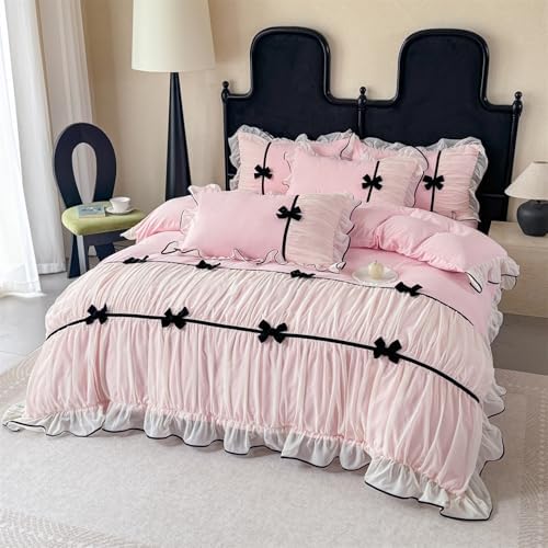 Ruffle Beddding Set with Bowtie,Girls Lace Bedding,Full Comforter Cover Set, Chic Ruffled Duvet Cover with Lovely Bow,Princess Style 1 Duvet Cover with 2 Pillowcases, No Comforter