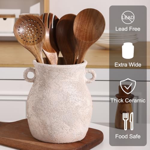 Ceramic Farmhouse Kitchen Utensil Holder for Countertop, Rustic Cooking Utensil Holder Crock Fit for Kitchen Counter.