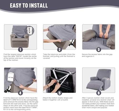 KinCam Recliner Covers, Stretch Reclining Chair Covers, Recliner Sofa Slipcovers Stripe Jacquard Recliner Couch Covers Furniture Protector Covers for Pet Kid (1 Seater, Light Gray)